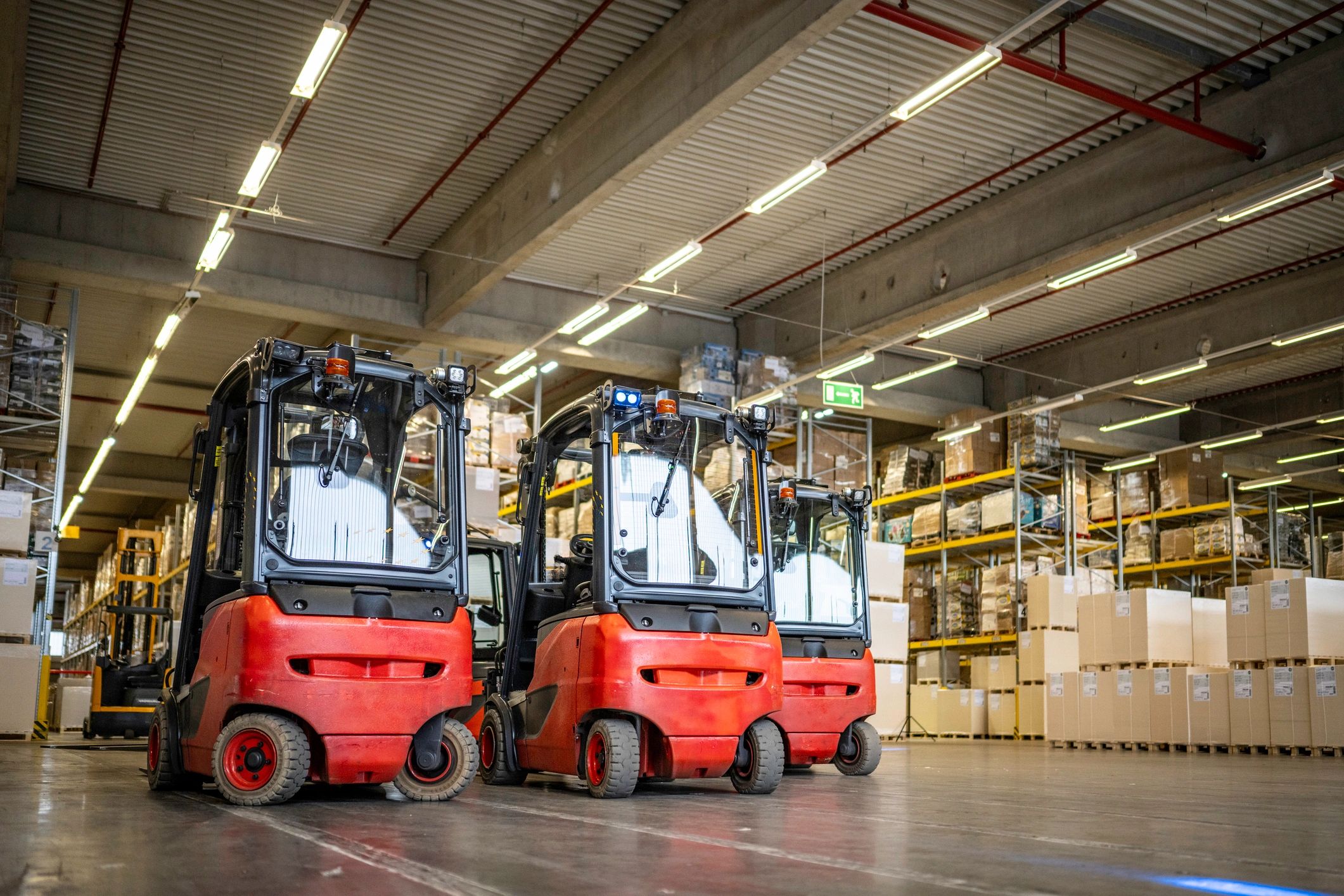 Forklifts in a warehouse with stacked boxes